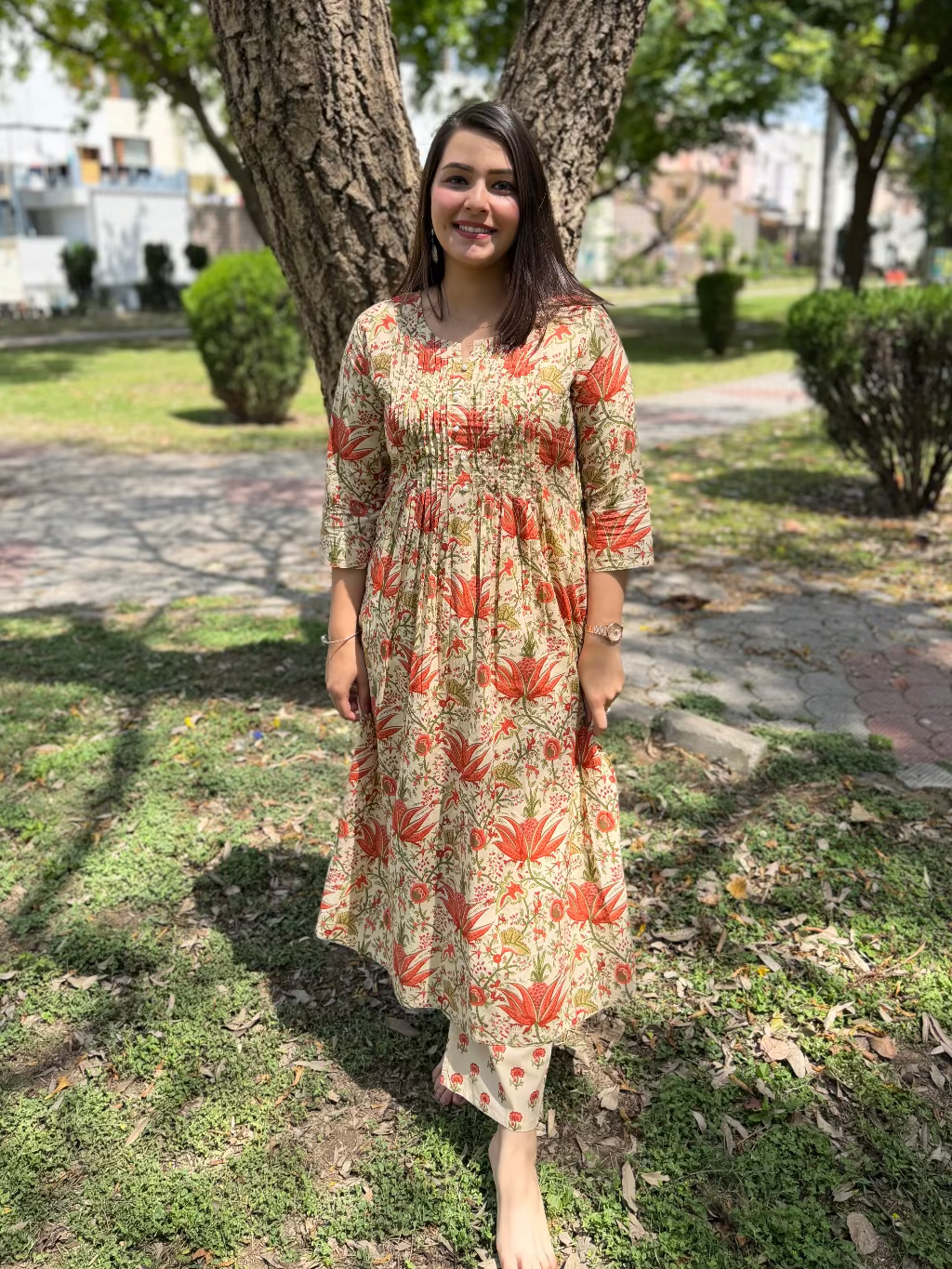 Orange Flower Pintucks Co-ord Set by MySanskritam