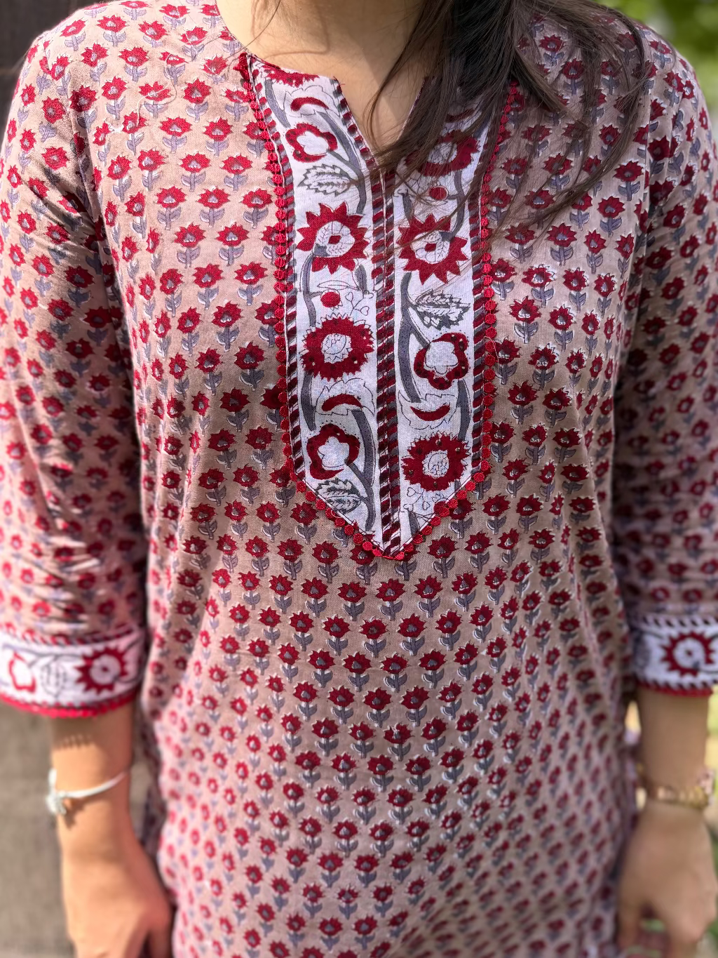 Soft Brown Handblock Buti Co-ord Set neck detail by MySanskritam