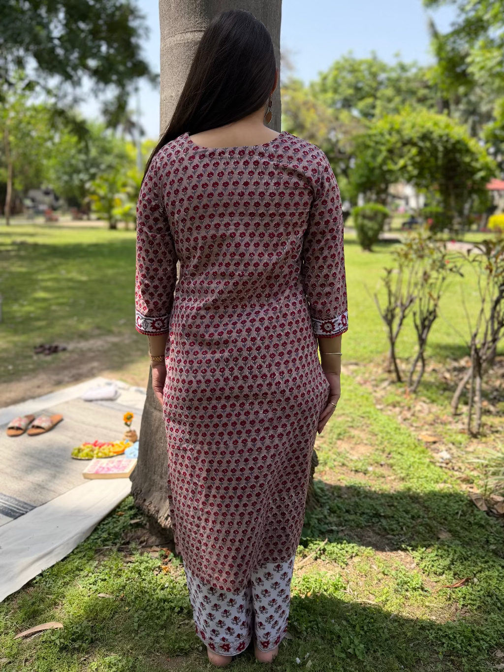 Soft Brown Handblock Buti Co-ord Set from the back by MySanskritam