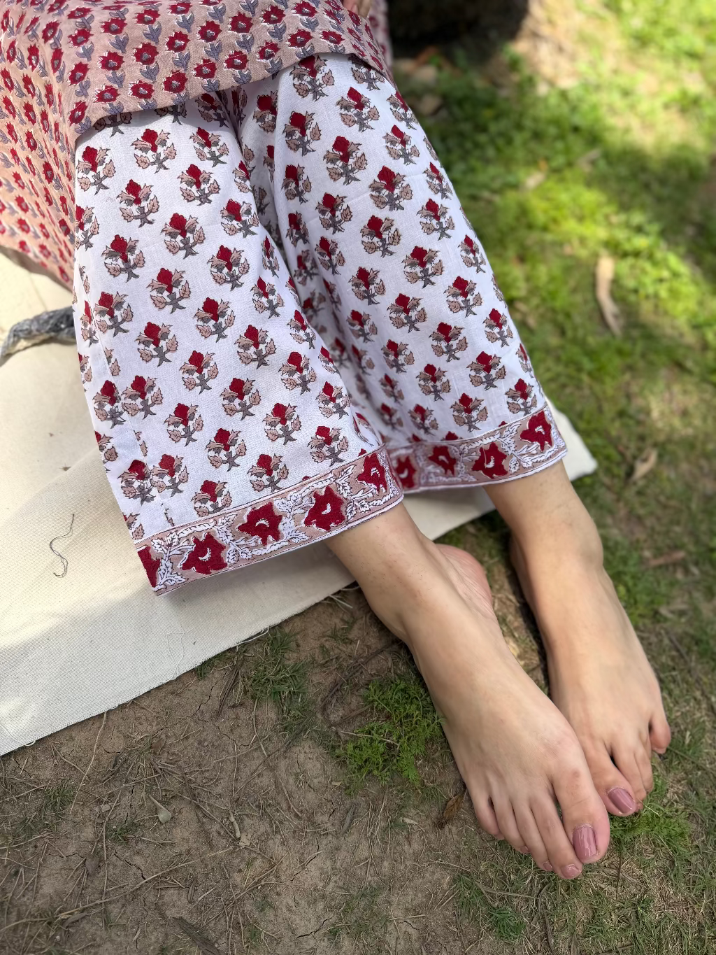 Soft Brown Handblock Buti Co-ord Set Pants detail by MySanskritam