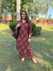Coffee Brown Maroon Buti Collar Co-ord Set