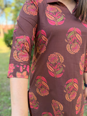 Coffee Brown Maroon Buti Collar Co-ord Set