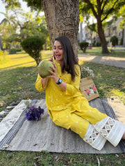 Lemon Yellow Side Gather Dobby Kurta