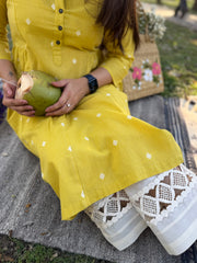 Lemon Yellow Side Gather Dobby Kurta