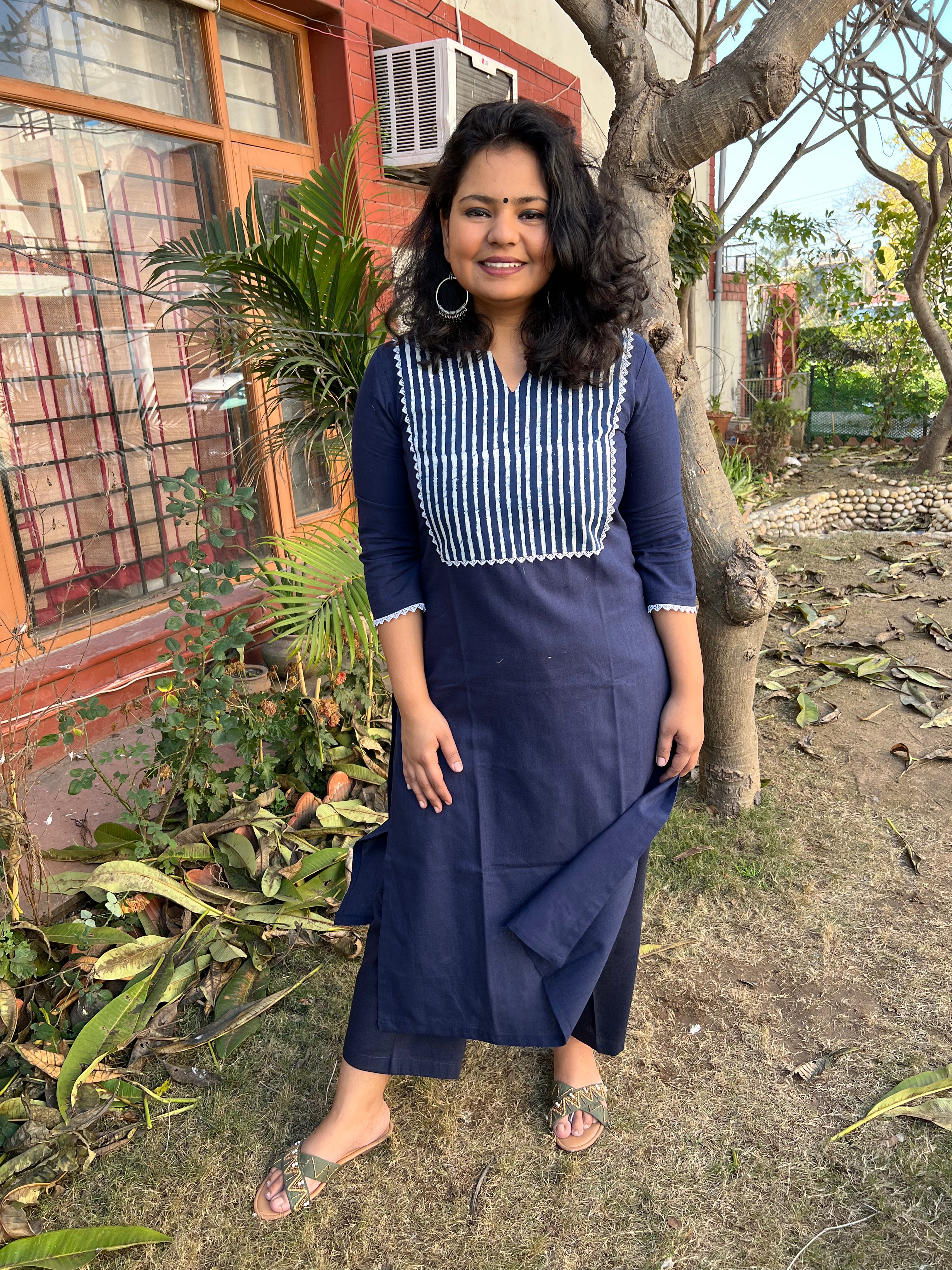 Dark Blue yoke kurta - MYSANSKRITAM