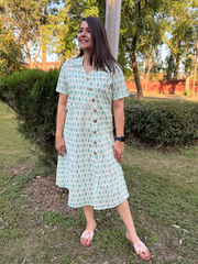 White Floral Buta Shirt Dress with Pockets