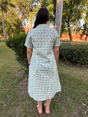 White Floral Buta Shirt Dress with Pockets