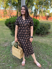 Brown handblock Aline dress with pocket