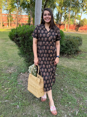 Brown handblock Aline dress with pocket