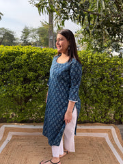 Dark blue floral long kurti