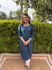 Dark blue floral long kurti