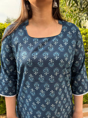 Dark blue floral long kurti