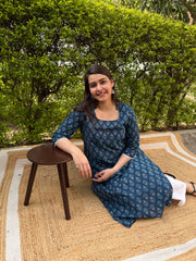 Dark blue floral long kurti