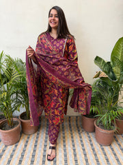 Wine big flower suit set with yoke
