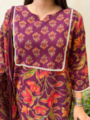 Wine big flower suit set with yoke