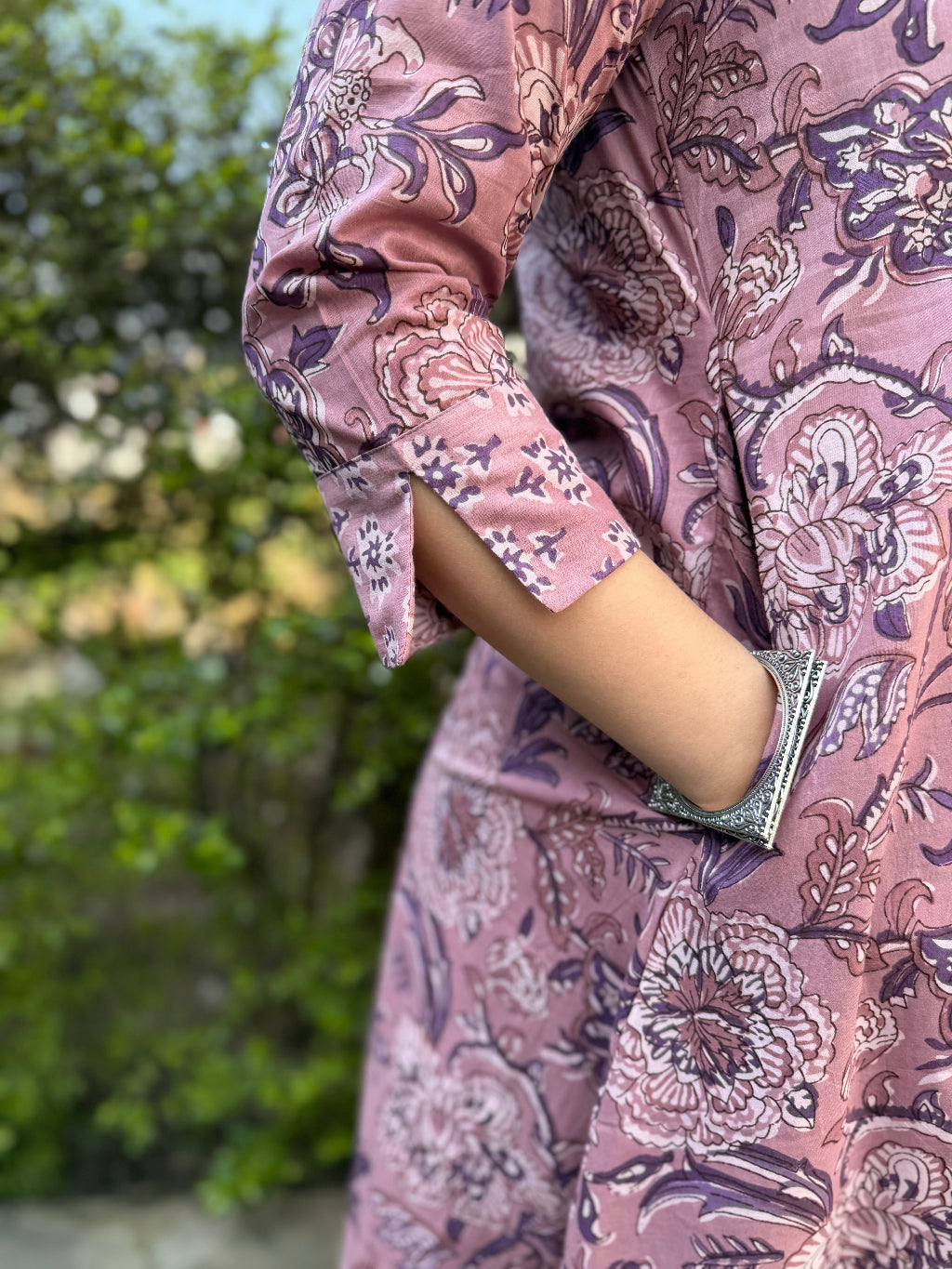 Lavender Floral Aline Coord Set Kurta Pocket by MySanskritam