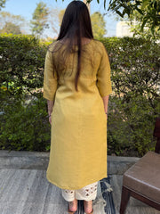 Lemon embroidered Linen Kurta from the back by MySanskritam