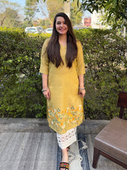 Lemon embroidered Linen Kurta by MySanskritam