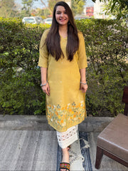 Lemon embroidered Linen Kurta by MySanskritam