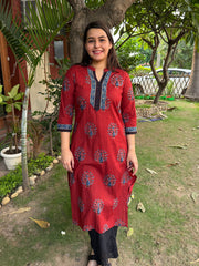 Maroon Peacock Ban Neck Kurta by MySanskritam