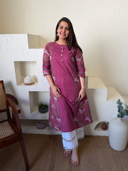 Pink Grey Floral A-line Kurta With Pocket by MySanskritam