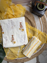 White Yellow buti Unstitched Suit set