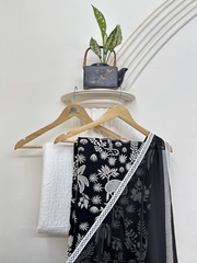 Black and white chikan Work Unstitched Suit set
