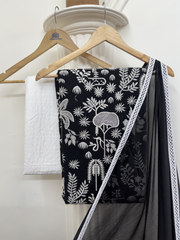 Black and white chikan Work Unstitched Suit set