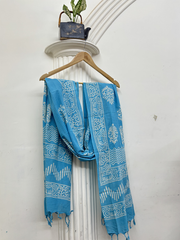 White Chiken Allover Unstitched Suit set with sky blue duppata
