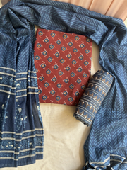 Maroon Indigo buti Unstitched Suit set