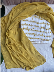 white yellow dotted Unstitched Suit set with georgette duppata