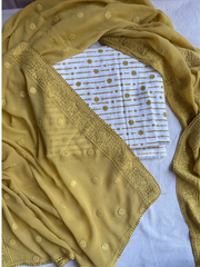 white yellow dotted Unstitched Suit set with georgette duppata