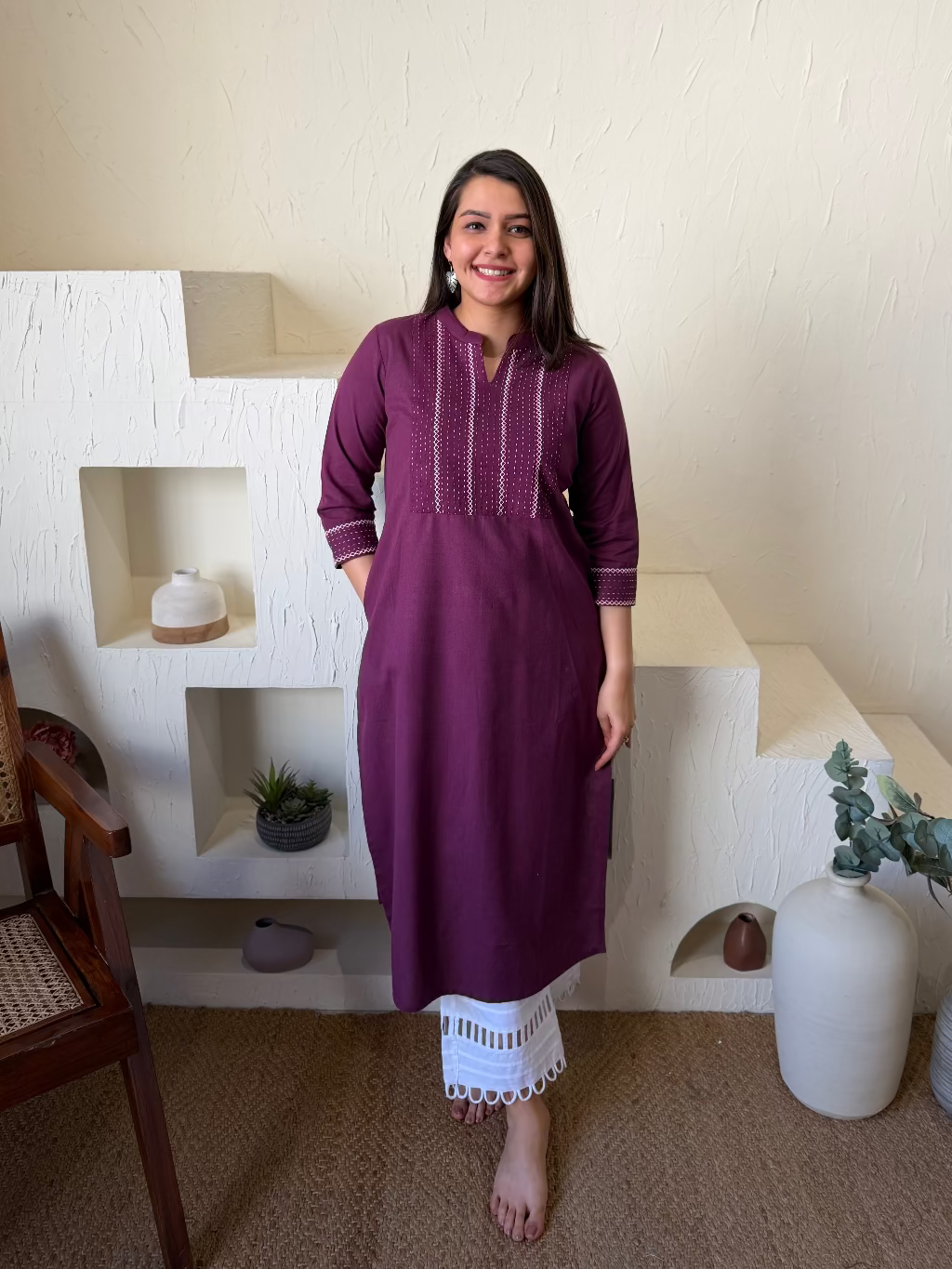 Wine Kantha Embroidered Yoke Kurta by Sanskritam