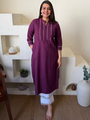 Wine Kantha Embroidered Yoke Kurta by Sanskritam