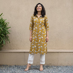 Mustard floral collar neck kurta