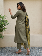 Mehendi green suit set with Kota Doria duppata