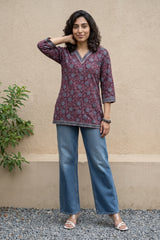 Dark wine sanganeri V-neck Short Kurti
