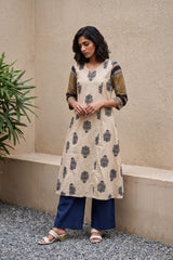 Beige buta with Yellow contrast sleeve Aline Kurta