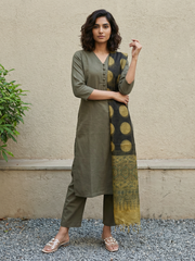 Mehendi green suit set with Kota Doria duppata