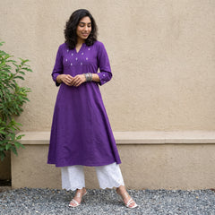 Purple embroidered yoke A-line kurta with pockets