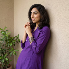 Purple embroidered yoke A-line kurta with pockets