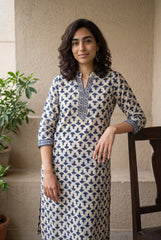 Indigo buta ban neck kurta