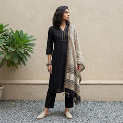 Black solid embroidered full suit set with chanderi duppata