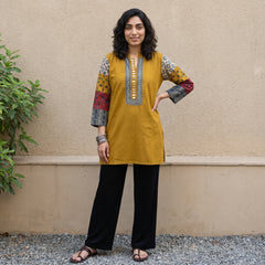 Mustard Ajrakh sleeve short kurti