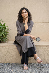 Grey solid Fabric yoke kurta