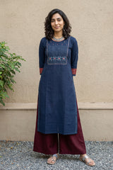 Indigo embroidered yoke kurta