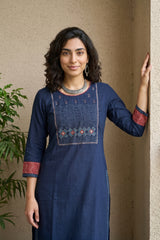 Indigo embroidered yoke kurta