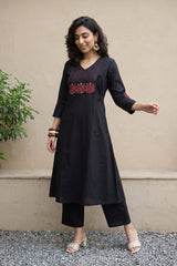 Black Solid embroidered yoke coord set