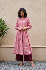 Peach pink flower pintucks aline kurta