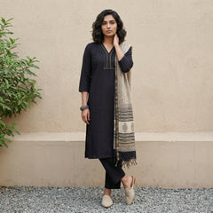 Black solid embroidered full suit set with chanderi duppata